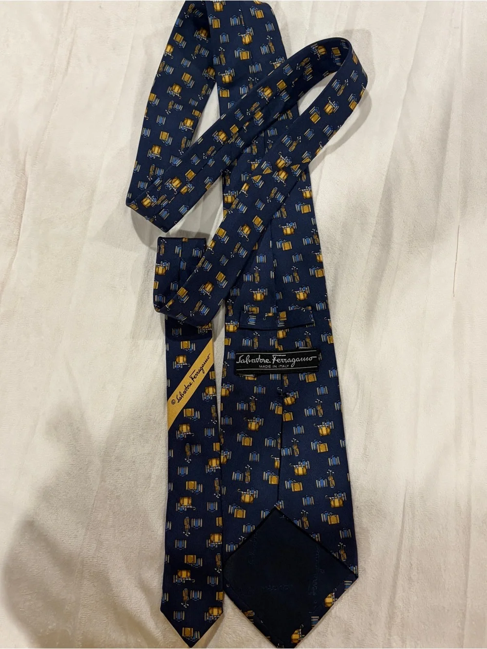 Salvatore Ferragamo Navy Blue Silk Tie with Yellow Accent Pattern